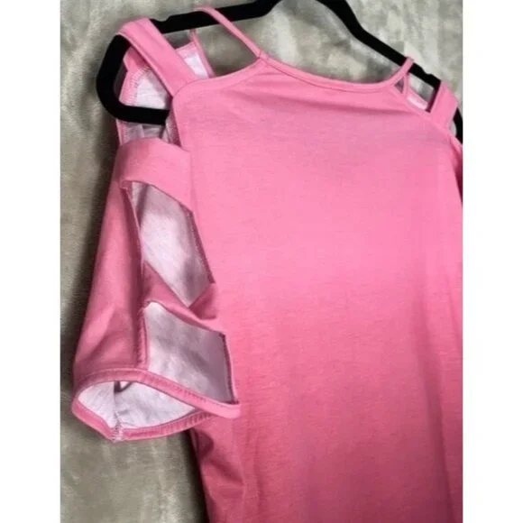 Womens V Neck Short Sleeve Cold Shoulder Cutouts Shirt Light Rose Burgundy, Wine - Picture 14 of 16